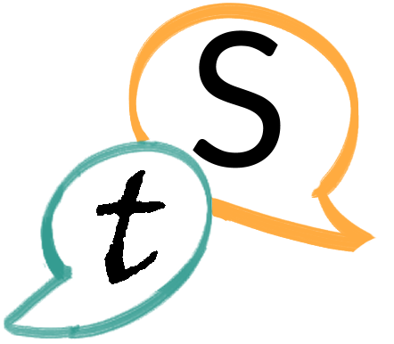 Two colored speech bubbles with the letters t and s are intersecting. 