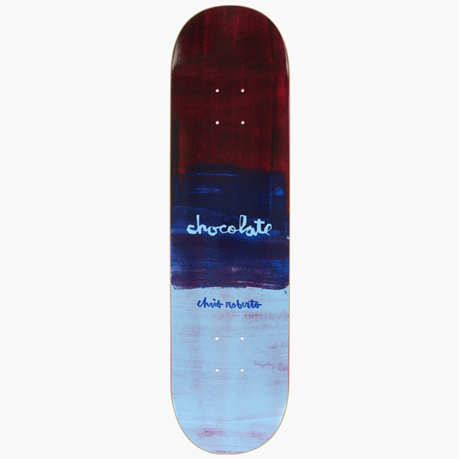 A red, dark blue and light blue skatboard