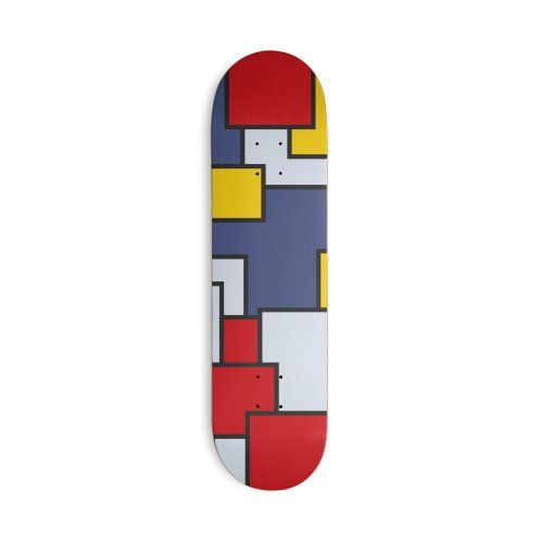 Abstract red, yellow, dark blue and light box patterned skateboard