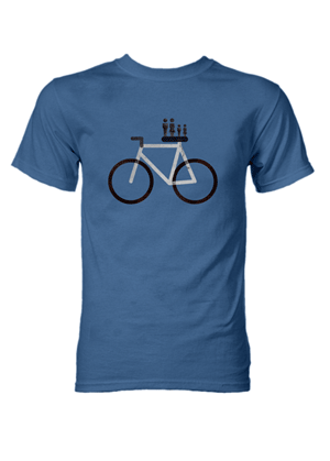 T-shirt with a bike on the front. The bike has people standing on its seat.