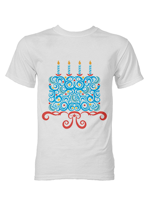 T-shirt with a cake on the front.