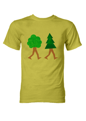 T-shirt with walking trees on the front.