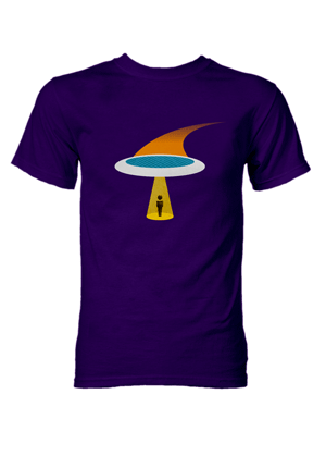 T-shirt with a UFO abducting a man on the front.