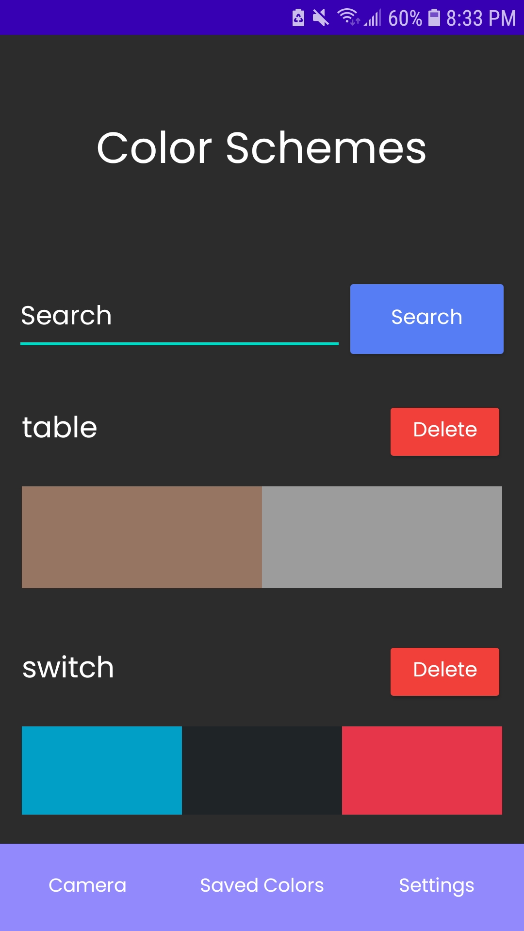 Screenshot of ColorSnap's color schemes menu