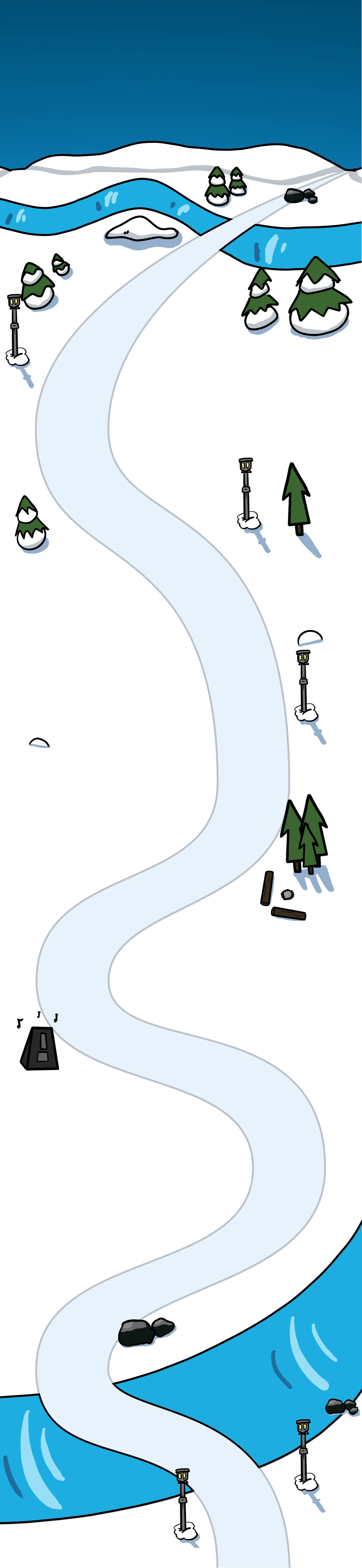 a windy cartoon winter road with trees, snow piles, and old-fashioned lamp posts