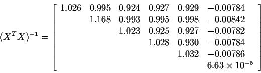 \begin{displaymath}(X^TX)^{-1} =
\left[\begin{array}{llllll}
1.026&0.995&0.924&...
...2& -0.00786 \\
& & & & &6.63\times10^{-5}
\end{array}\right]
\end{displaymath}