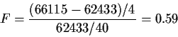\begin{displaymath}F = \frac{(66115- 62433)/4}{ 62433/40} = 0.59
\end{displaymath}