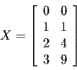 \begin{displaymath}X=\left[\begin{array}{cc}
0 & 0
\\
1 & 1
\\ 2 & 4
\\
3 & 9
\end{array}\right]
\end{displaymath}