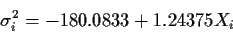 \begin{displaymath}\sigma_i^2 = -180.0833 + 1.24375 X_i
\end{displaymath}