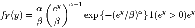 \begin{displaymath}f_Y(y) = \frac{\alpha}{\beta} \left(\frac{e^y}{\beta}\right)^{\alpha-1}
\exp\left\{ -(e^y/\beta)^\alpha\right\} 1(e^y>0) e^y
\end{displaymath}