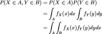\begin{align*}P(X \in A, Y \in B) & = P(X\in A)P(Y \in B)
\\
&= \int_Af_X(x)dx \int_B f_Y(y) dy
\\
&= \int_A\int_B f_X(x)f_Y(y) dydx
\end{align*}