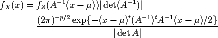\begin{align*}f_X(x) &= f_Z(A^{-1}(x-\mu)) \vert \det(A^{-1})\vert
\\
&= \frac{...
...p\{-(x-\mu)^t (A^{-1})^t A^{-1} (x-\mu)/2\}
}{
\vert\det{A}\vert
}
\end{align*}