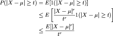 \begin{align*}P(\vert X-\mu\vert \ge t ) &= E[1(\vert X-\mu\vert \ge t)]
\\
&\...
...-\mu\vert \ge t)\right]
\\
& \le \frac{E[\vert X-\mu\vert^r]}{t^r}
\end{align*}