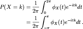 \begin{align*}P(X=k) & = \frac{1}{2\pi} \int_0^{2\pi} \phi_X(t) e^{-itk} dt
\\
& = \frac{1}{2\pi} \int_{-\pi}^{\pi} \phi_X(t) e^{-itk} dt \, .
\end{align*}