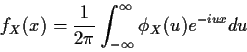 \begin{displaymath}f_X(x) = \frac{1}{2\pi} \int_{-\infty}^\infty \phi_X(u) e^{-iux} du
\end{displaymath}
