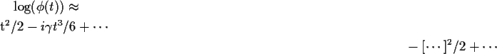 \begin{multline*}\log(\phi(t)) \approx
\\ [-t^2/2 -i\gamma t^3/6 +\cdots]
\\
-[\cdots]^2/2 +\cdots
\end{multline*}
