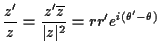 $\displaystyle \frac{z^\prime}{z} = \frac{z^\prime\overline{z}}{\vert z\vert^2} = rr^\prime
e^{i(\theta^\prime-\theta)}
$