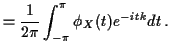 $\displaystyle = \frac{1}{2\pi} \int_{-\pi}^{\pi} \phi_X(t) e^{-itk} dt \, .$
