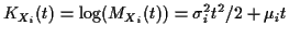 $\displaystyle K_{X_i}(t) = \log(M_{X_i}(t)) = \sigma_i^2t^2/2+\mu_i t
$