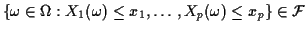 $\displaystyle \left\{
\omega\in\Omega: X_1(\omega) \le x_1, \ldots , X_p (\omega) \le x_p
\right\}
\in \cal F
$