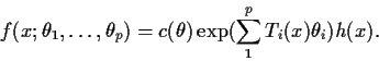 \begin{displaymath}f(x; \theta_1,\ldots,\theta_p ) = c(\theta) \exp(\sum_1^pT_i(x)\theta_i ) h(x).\end{displaymath}