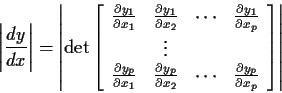 \begin{displaymath}\left\vert\frac{dy}{dx}\right\vert =
\left\vert \mbox{det} \...
...rac{\partial y_p}{\partial x_p}
\end{array} \right]\right\vert
\end{displaymath}