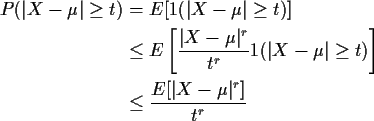 \begin{align*}P(\vert X-\mu\vert \ge t ) &= E[1(\vert X-\mu\vert \ge t)]
\\
&\...
...-\mu\vert \ge t)\right]
\\
& \le \frac{E[\vert X-\mu\vert^r]}{t^r}
\end{align*}
