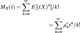 \begin{align*}M_X(t) & = \sum_{k=0}^\infty E[(tX)^k]/k!
\\
= \sum_{k=0}^\infty \mu_k^\prime t^k/k!
\end{align*}