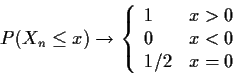 \begin{displaymath}P(X_n \le x) \to \left\{\begin{array}{ll}
1 & x>0
\\
0 & x<0
\\
1/2 & x=0
\end{array}\right.
\end{displaymath}