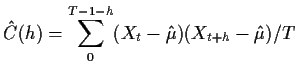 $\displaystyle \hat{C}(h) = \sum_0^{T-1-h}(X_t - \hat\mu)(X_{t+h}-\hat\mu)/T
$