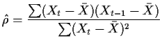 $\displaystyle \hat\rho = \frac{\sum (X_t-\bar{X}) (X_{t-1}-\bar{X})}{\sum(X_t
-\bar{X})^2}
$