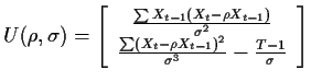 $\displaystyle U(\rho,\sigma) = \left[\begin{array}{c}
\frac{\sum X_{t-1}(X_t-\r...
...ac{\sum(X_t-\rho X_{t-1})^2}{\sigma^3}- \frac{T-1}{\sigma}
\end{array}\right]
$