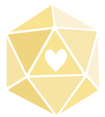 A D20 dice that is gold on a blue background